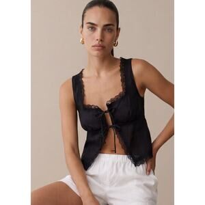kourt Odette Linen Black Tie Front Minimalist Romantic Airy Lace Trim Top NWT 6